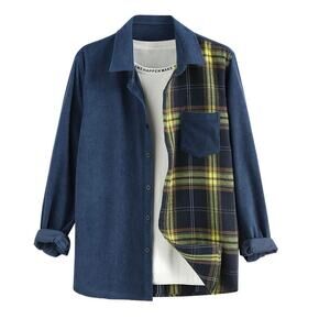 NWT Womens Corduroy‎ Shirt Plaid Boyfriend Oversized Button Down with Pockets SM